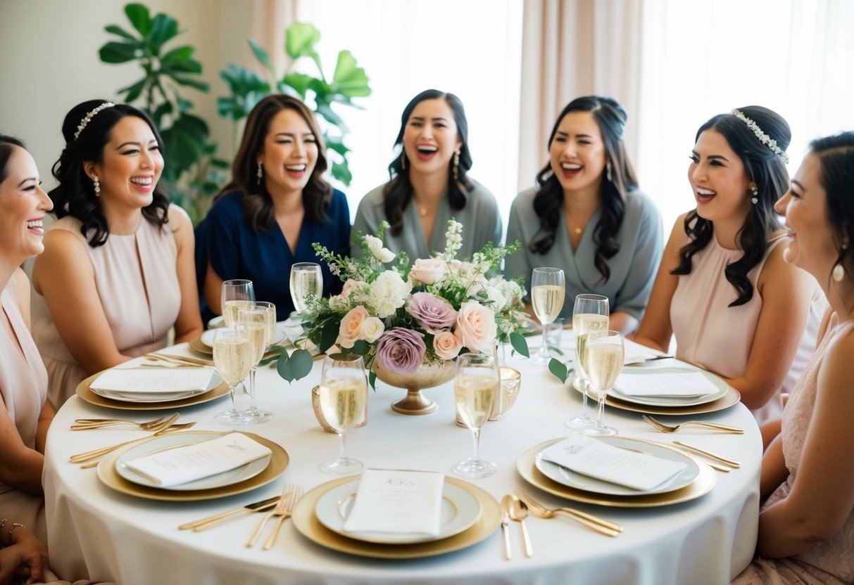 A table set with elegant place settings and floral centerpieces, surrounded by a group of women laughing and chatting at a bridal shower