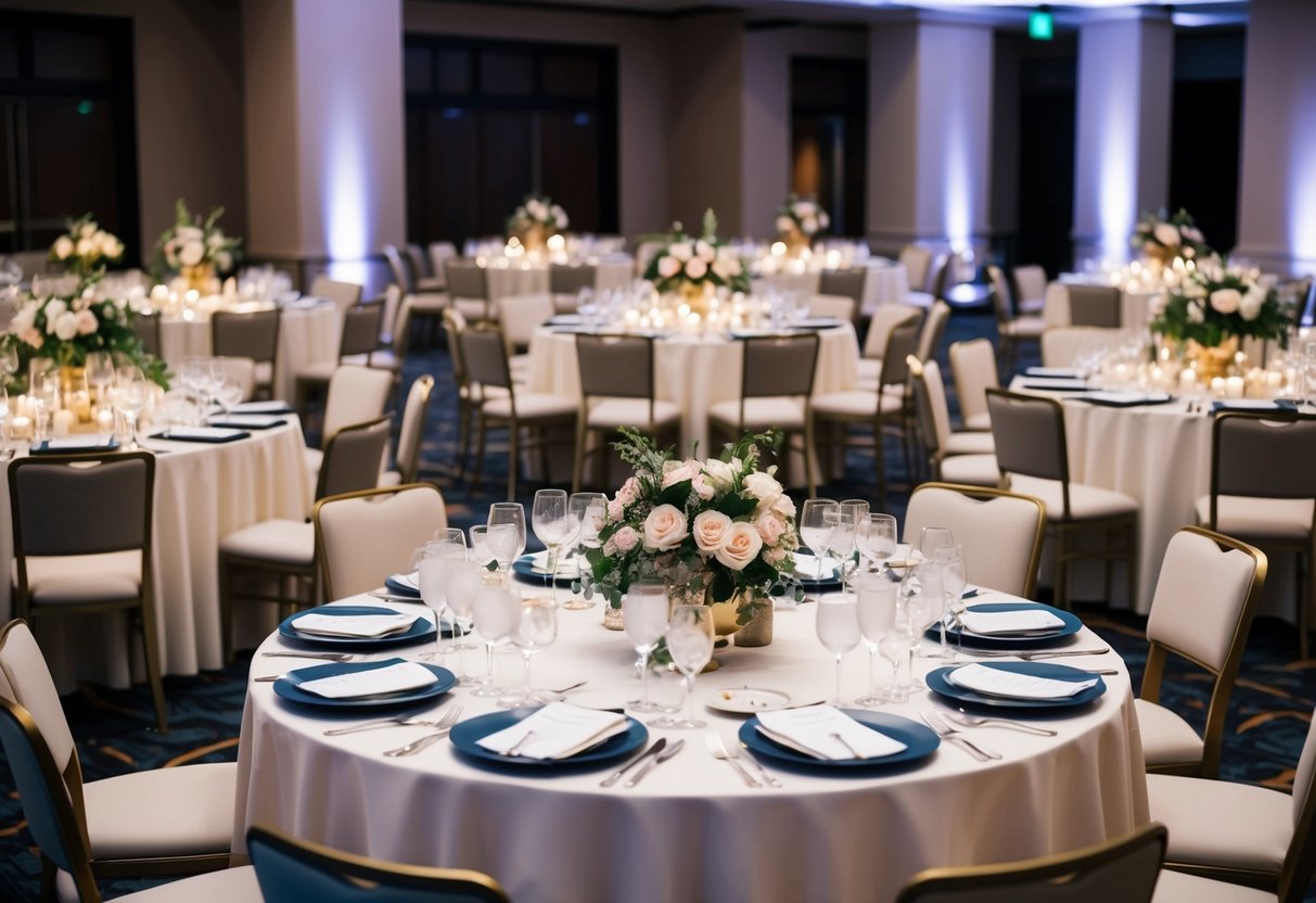 A group of elegantly decorated tables set with floral centerpieces and place settings, surrounded by chairs, in a spacious and tastefully designed event venue