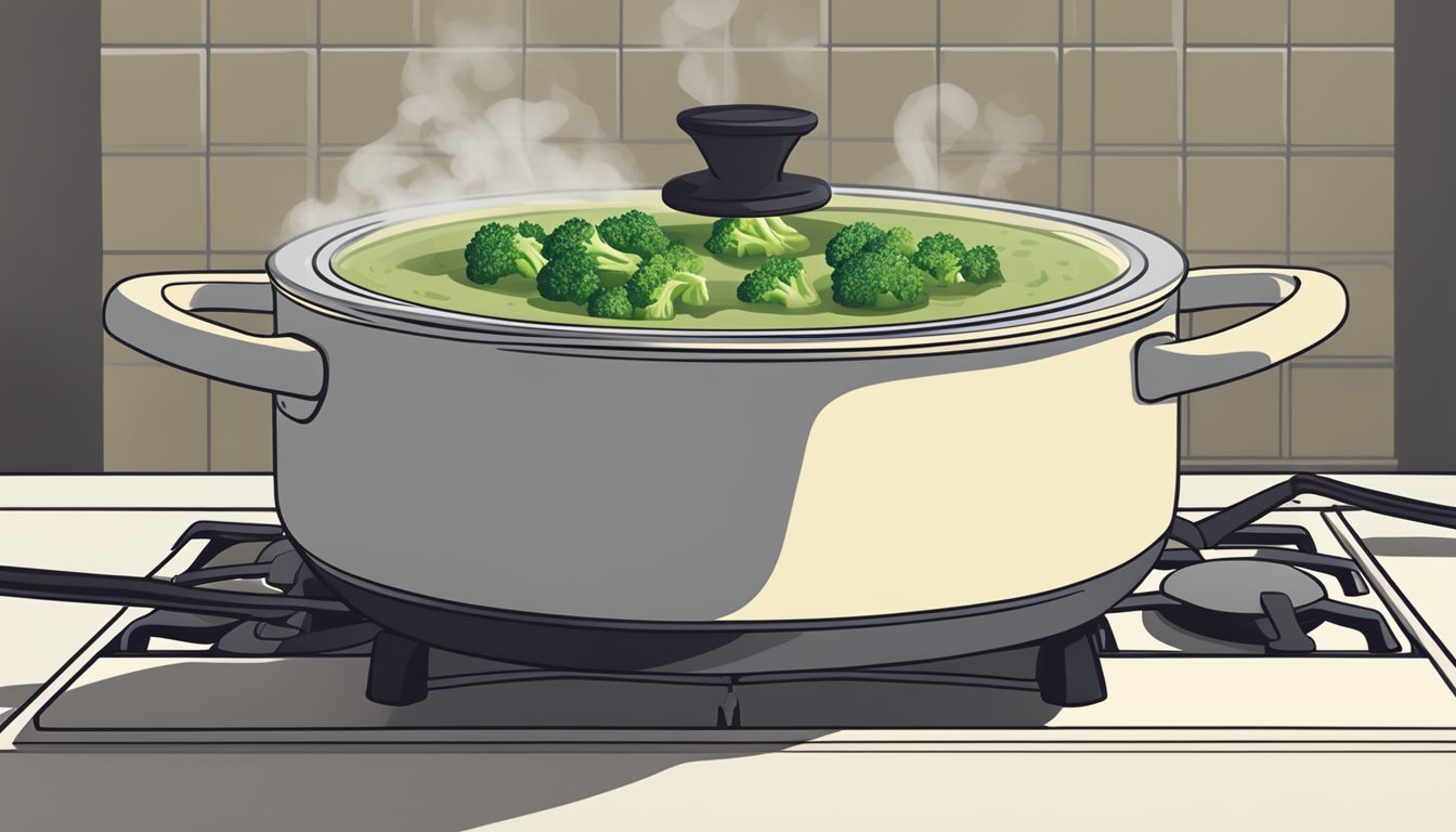 A pot of cream of broccoli soup being gently reheated on a stovetop, steam rising from the surface as it simmers