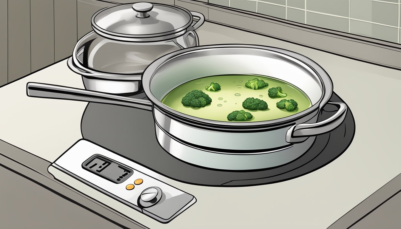 A pot of cream of broccoli soup being gently reheated on a stovetop, with a thermometer nearby to ensure it reaches the proper temperature for food safety