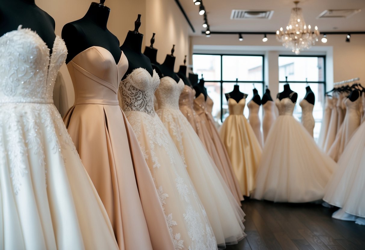 A row of elegant wedding dresses displayed on mannequins in a boutique showroom
