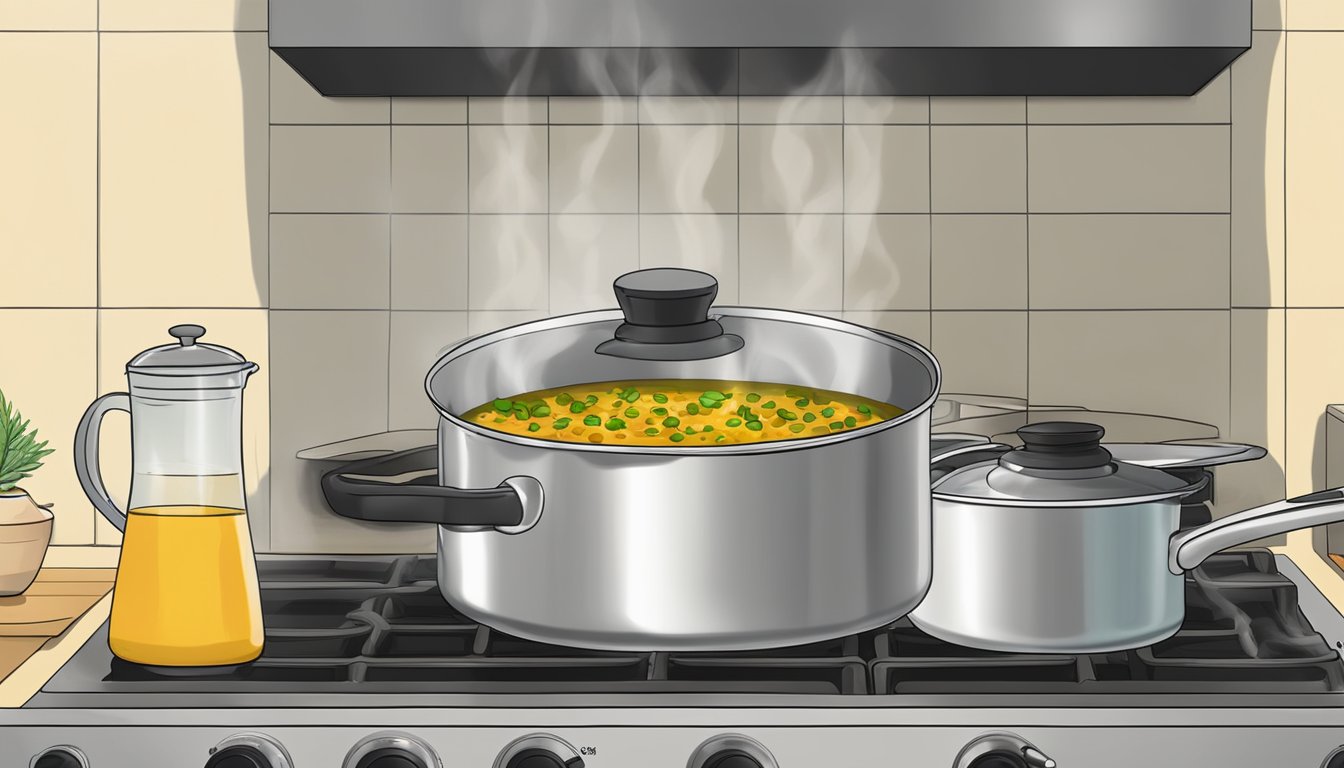 A pot of curried lentil soup simmering on a stovetop, steam rising from the surface as it heats up