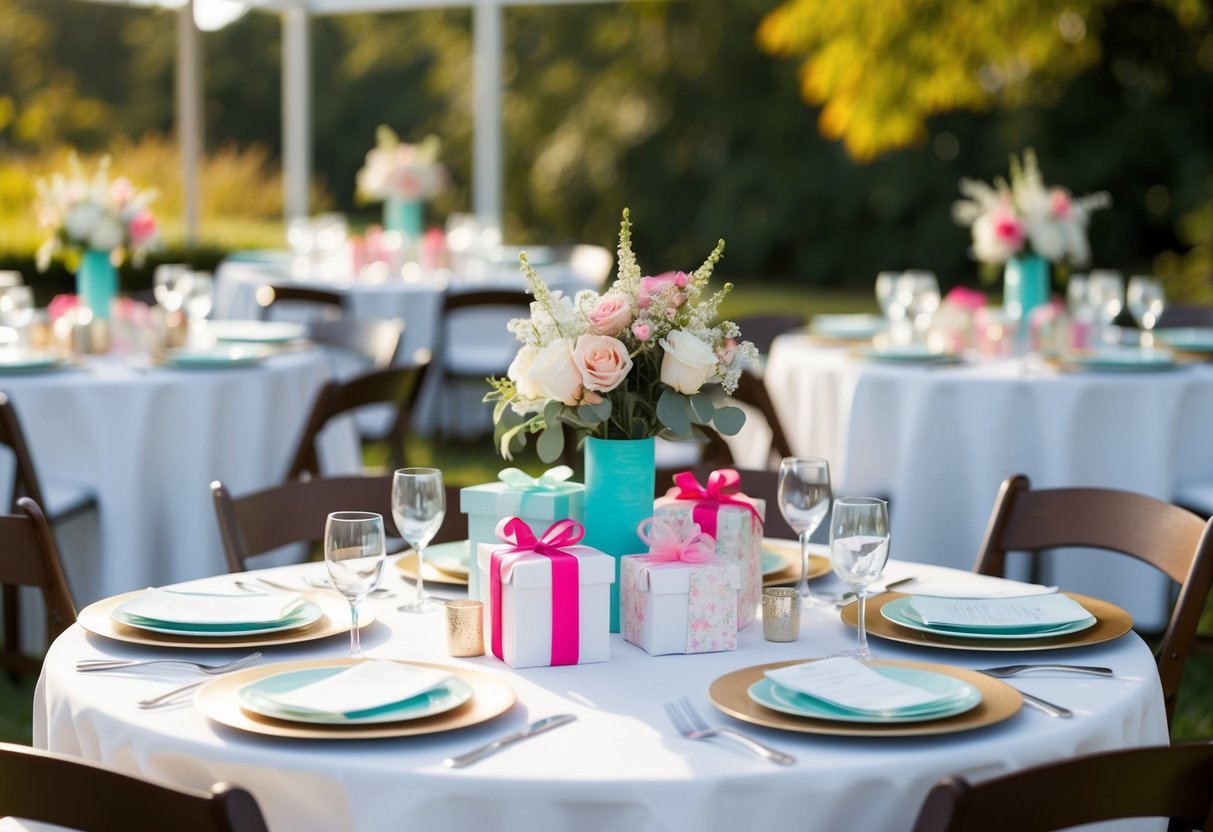 A table set for a bridal shower with multiple place settings, decorations, and gifts