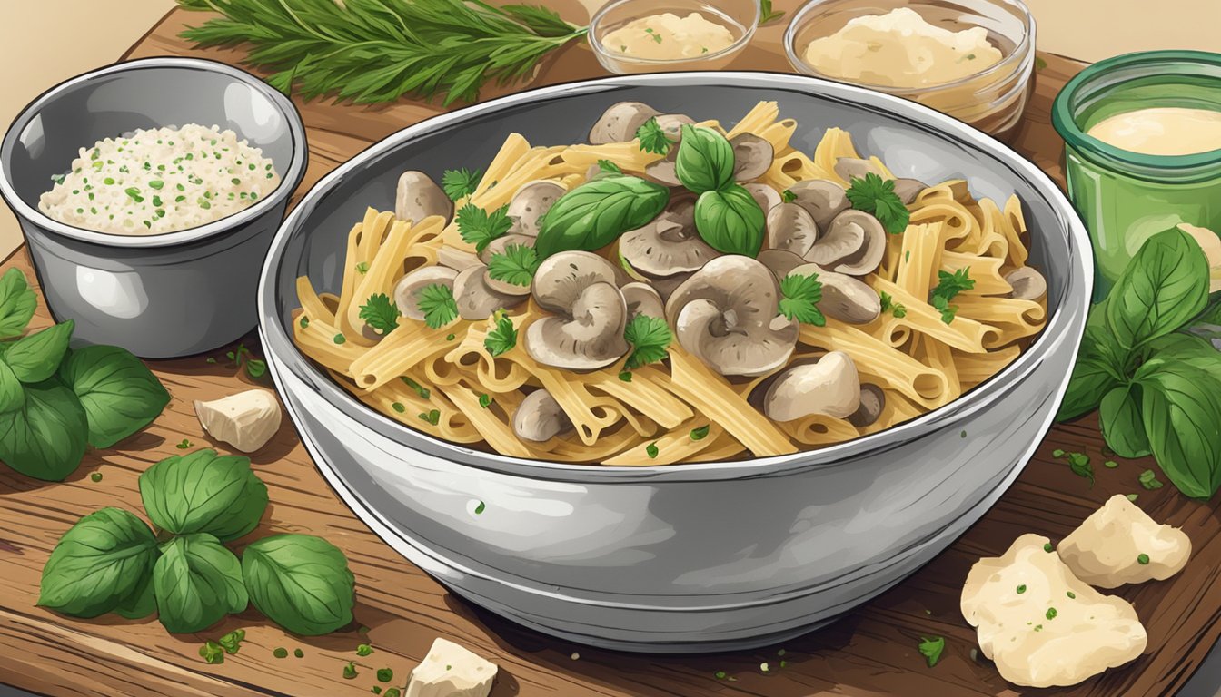 A steaming bowl of creamy mushroom pasta sits on a rustic wooden table, surrounded by fresh herbs and a sprinkle of parmesan cheese