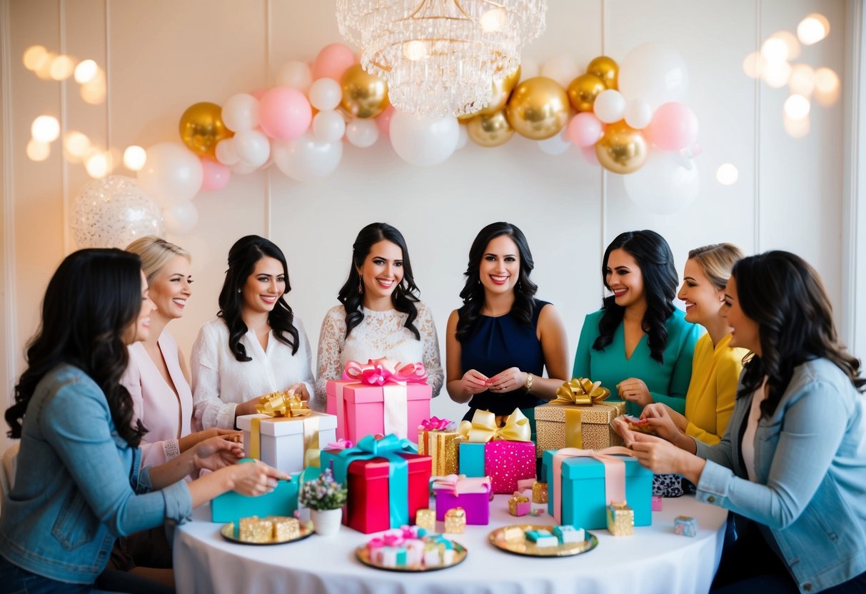 A group of women gather in a decorated space with gifts and games for a bridal shower