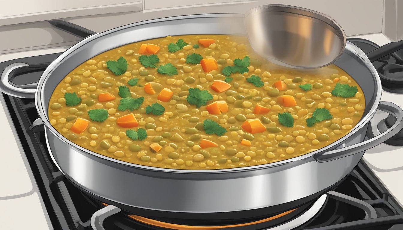 A pot of curried lentil soup sits on a stovetop, steam rising from the simmering mixture of lentils, vegetables, and aromatic spices