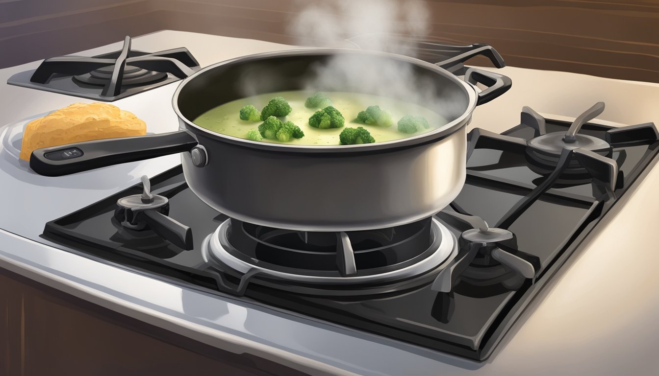 A pot of cream of broccoli soup sits on a stovetop, steam rising from the surface as it is gently reheated