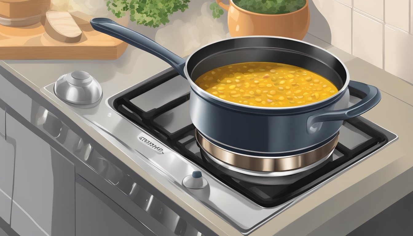 A pot of curried lentil soup is being gently reheated on a stovetop, with steam rising from the surface and the aroma filling the kitchen