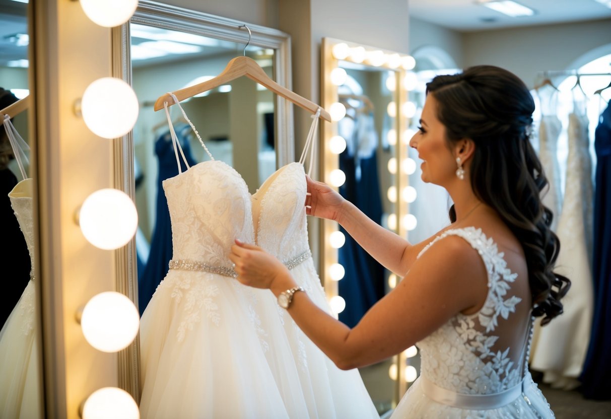 A bride admiring a rack of wedding dresses in a boutique, surrounded by mirrors and soft lighting