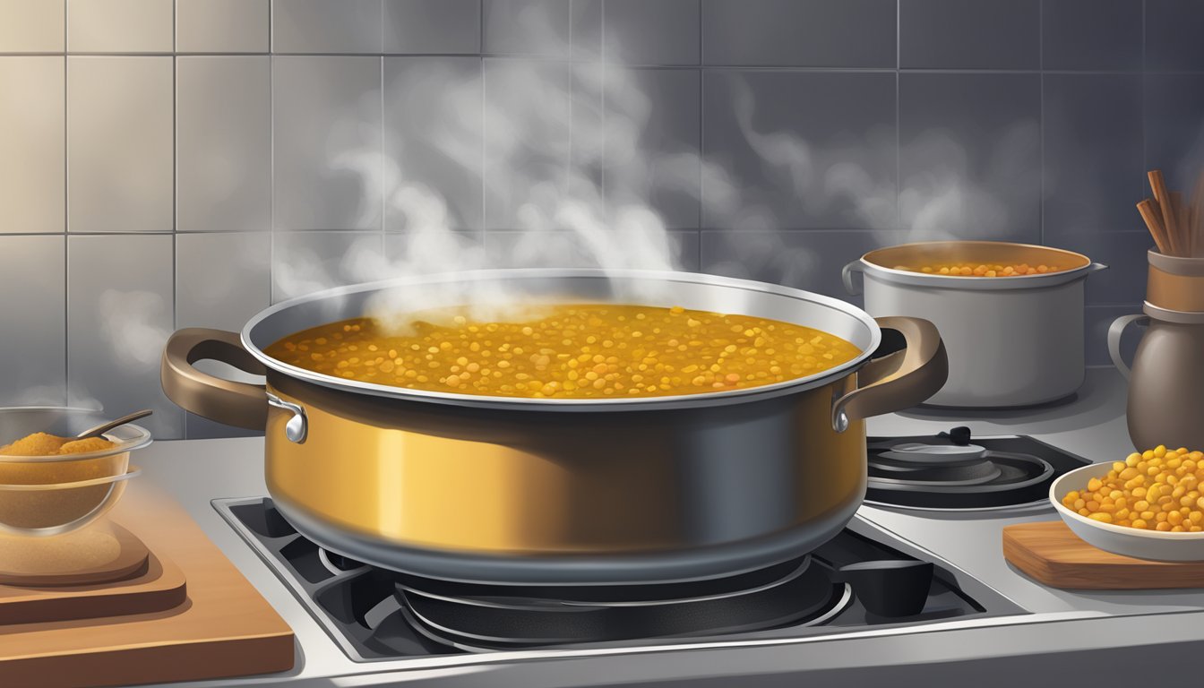 A pot of curried lentil soup being gently reheated on a stovetop, with steam rising and fragrant spices wafting through the air