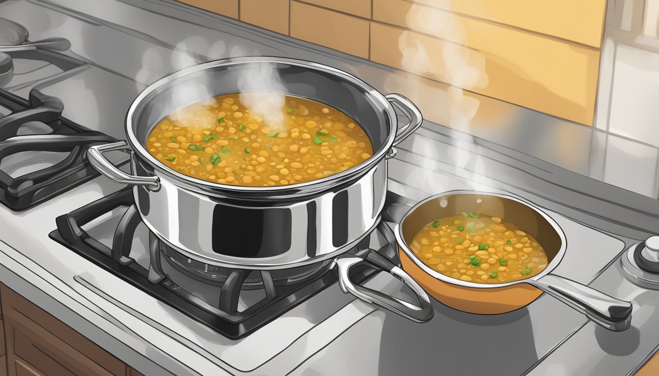 A pot of curried lentil soup sits on a stovetop, steam rising as it is reheated. A ladle hovers over the pot, ready to serve