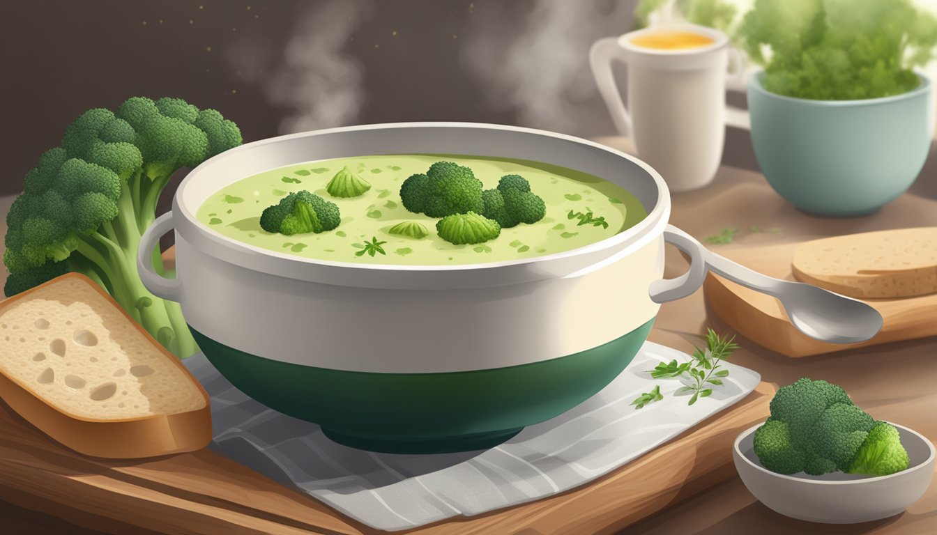 A steaming bowl of cream of broccoli soup being gently reheated on a stovetop, with a sprinkle of fresh herbs and a side of warm, crusty bread