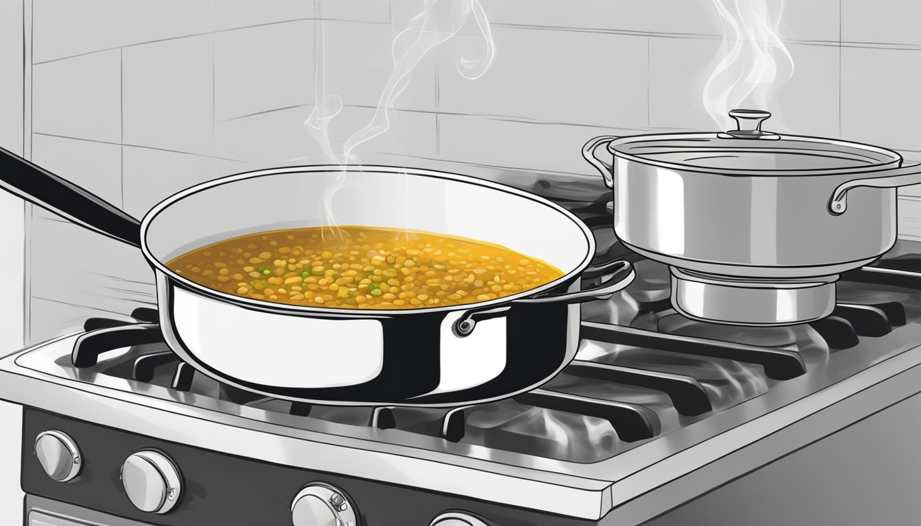 A pot of leftover curried lentil soup is being reheated on a stovetop, with steam rising from the bubbling liquid. A spoon rests on the edge of the pot