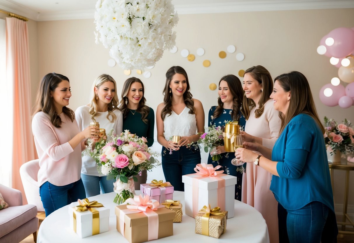 A group of friends decorates a room with flowers and gifts for the bride's bridal shower