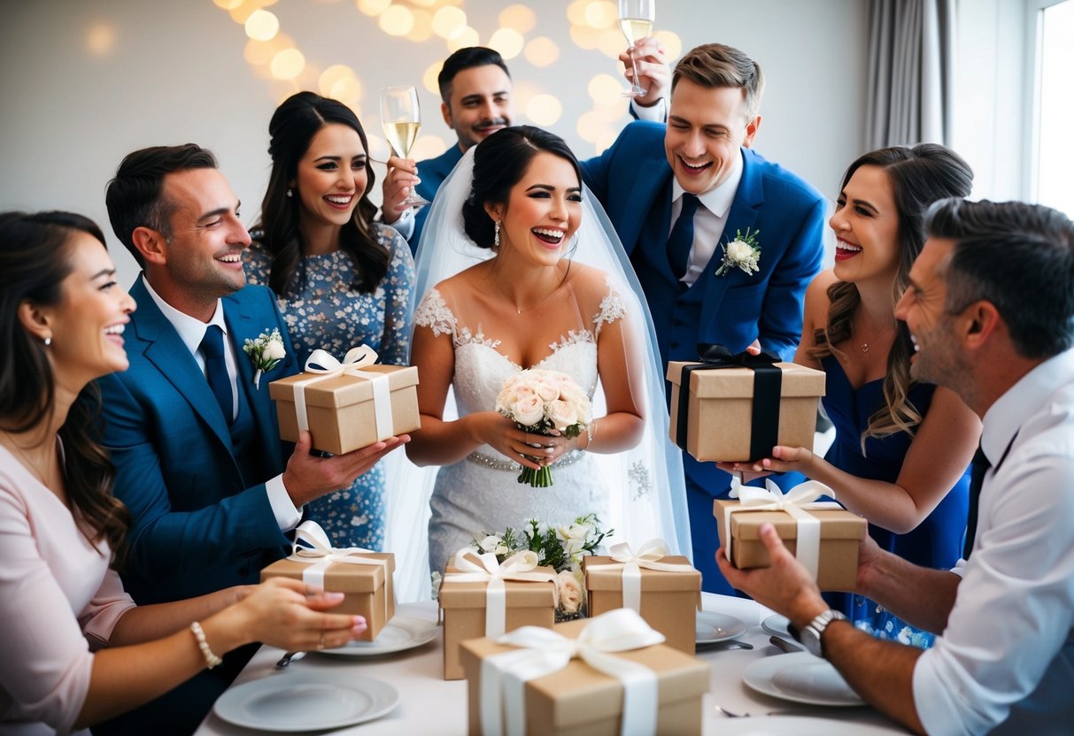 A group of friends and family gather to celebrate the bride, presenting her with gifts and sharing in laughter and joy