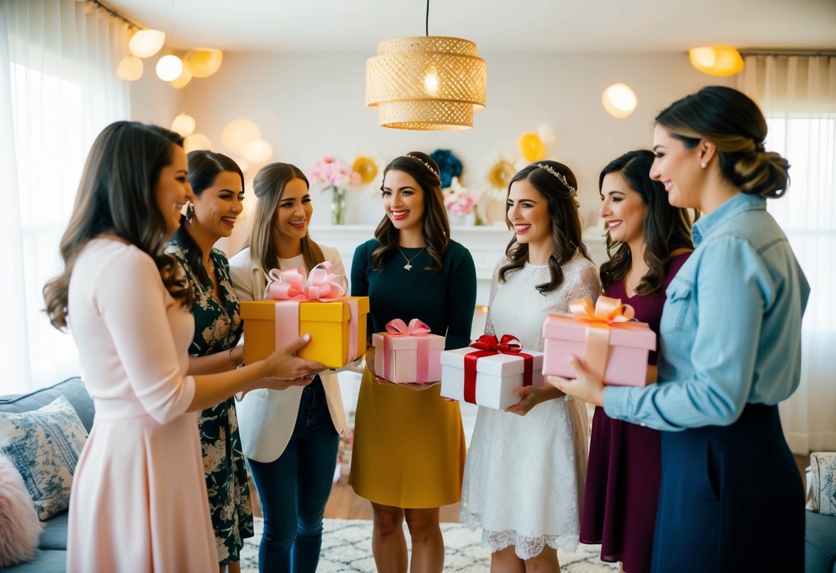 A group of friends gather in a decorated room, presenting gifts to the bride at a bridal shower