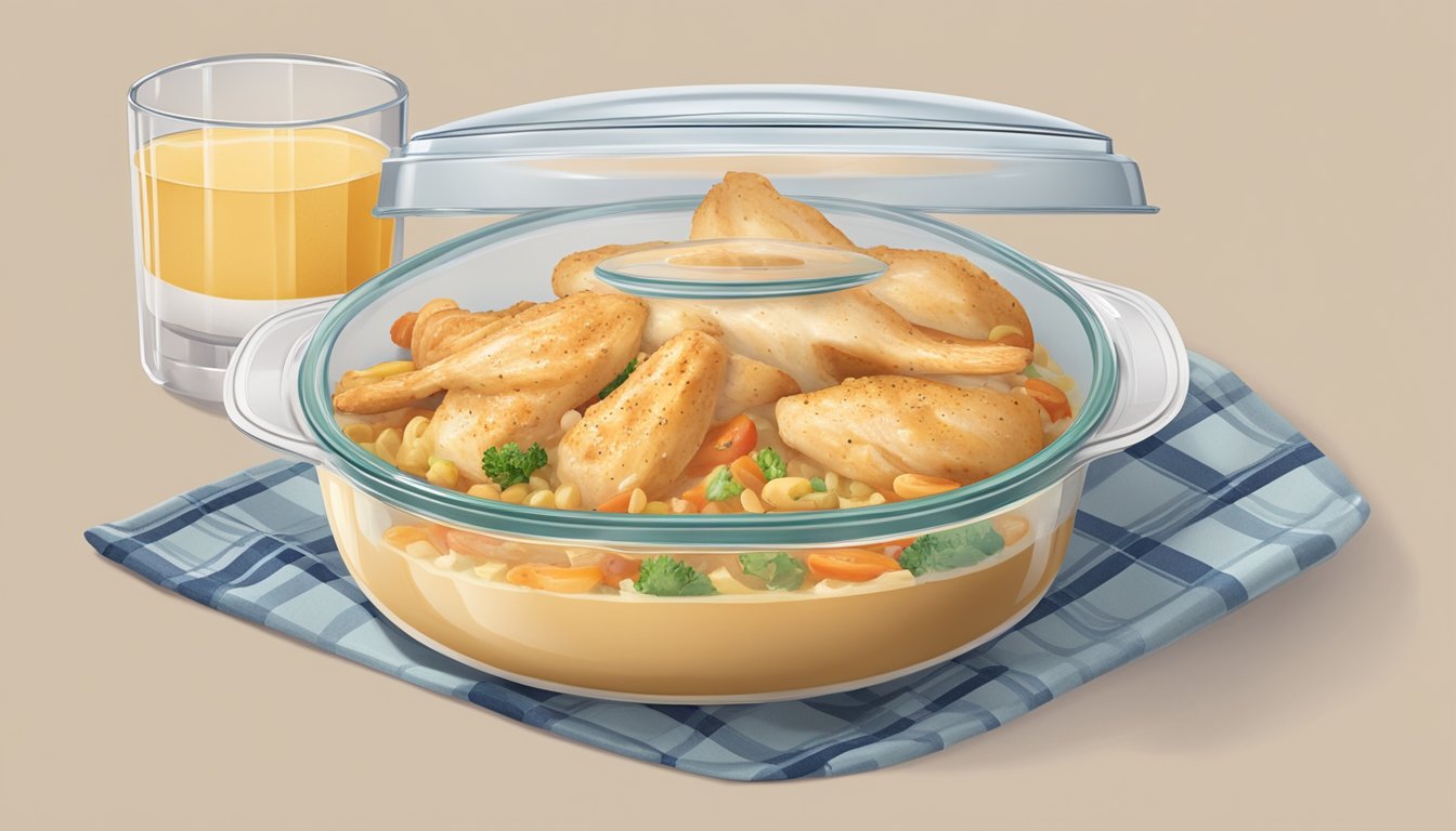 A microwave-safe dish with creamy Tuscan chicken covered with a vented lid, placed in the microwave next to a glass of water