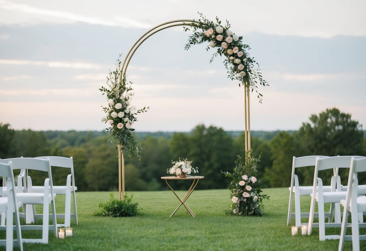 A simple outdoor ceremony with a single arch, surrounded by a few chairs, and a small table with a simple floral arrangement