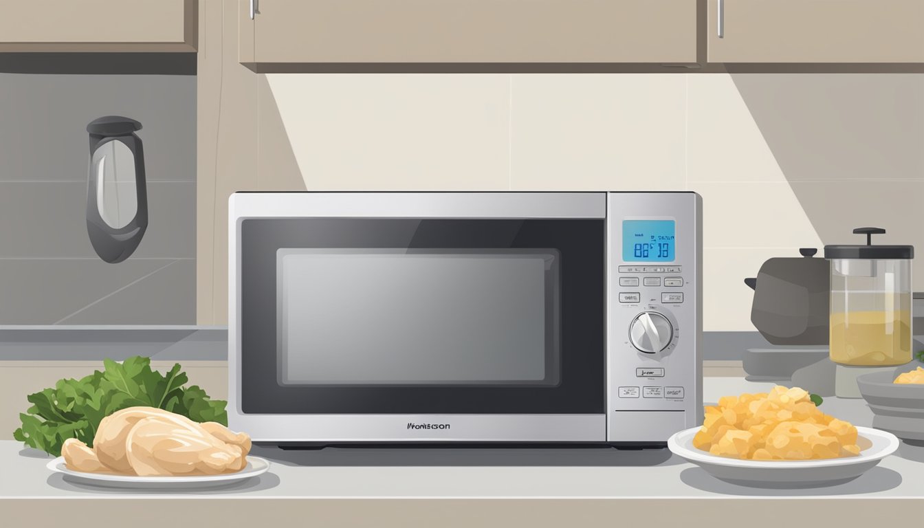 A microwave with a plate of creamy garlic chicken inside, a fork beside it, and a timer set for reheating