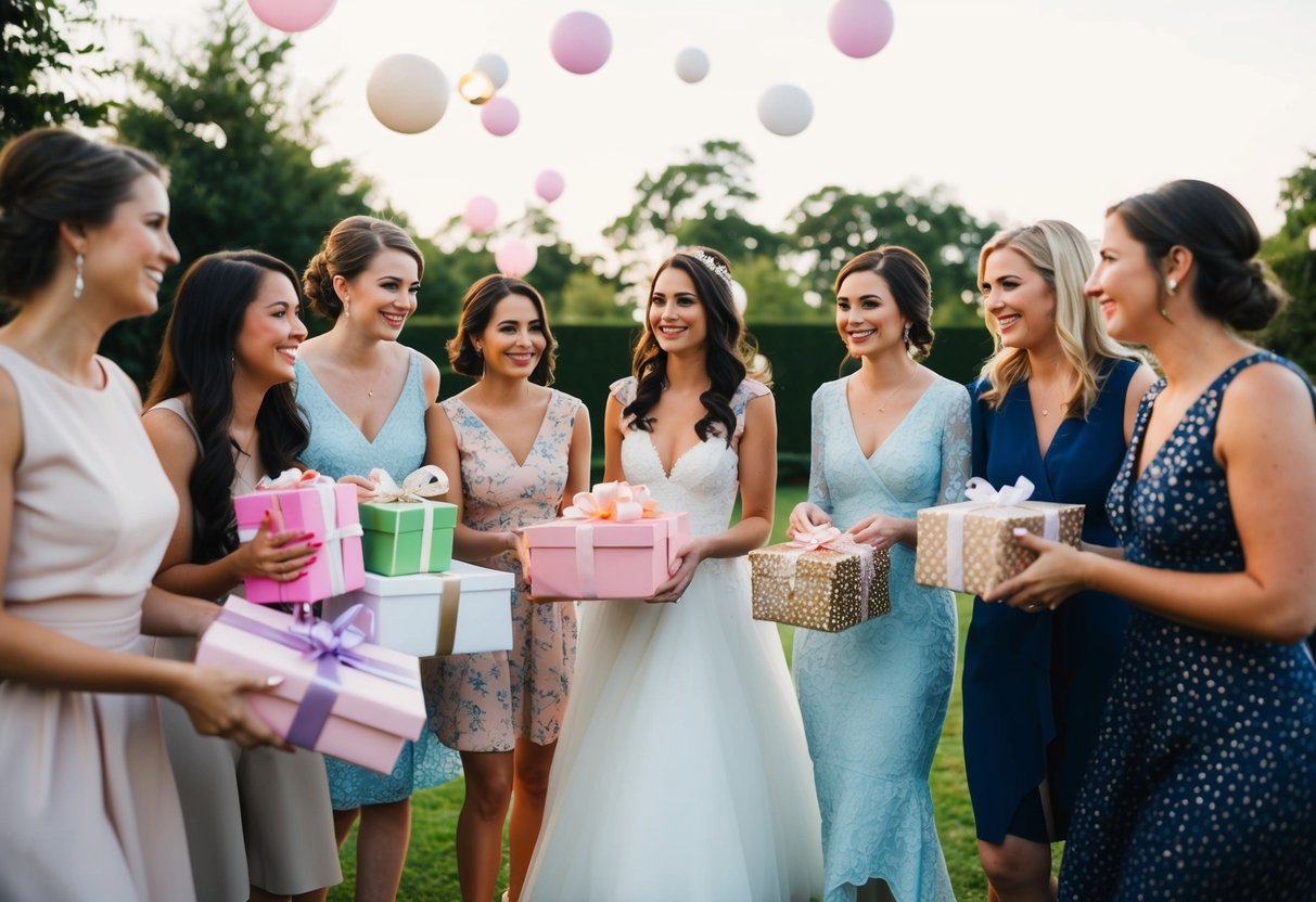 A group of friends gather to celebrate the bride's upcoming wedding, bringing gifts and setting up decorations for the bridal shower