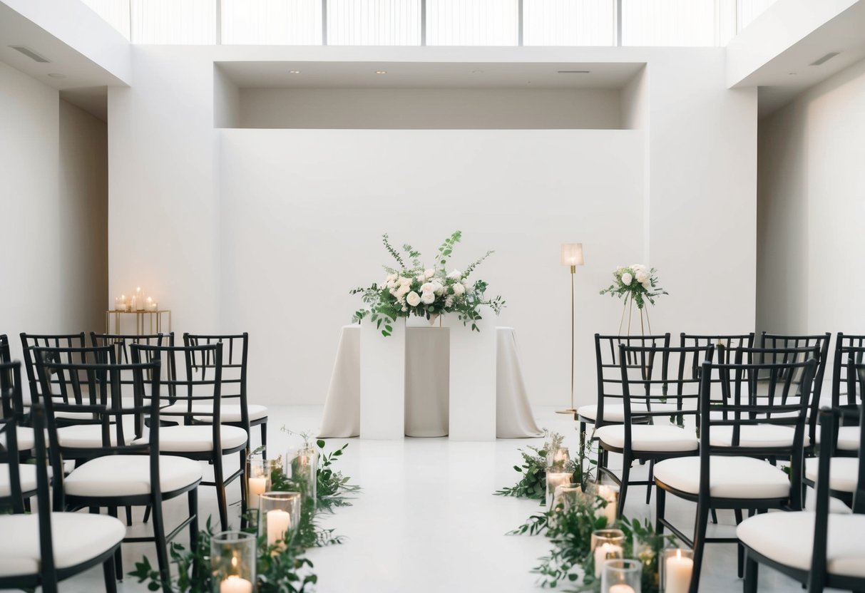 A simple, modern ceremony in a clean, uncluttered space with sleek, neutral decor and a focus on essential, understated details