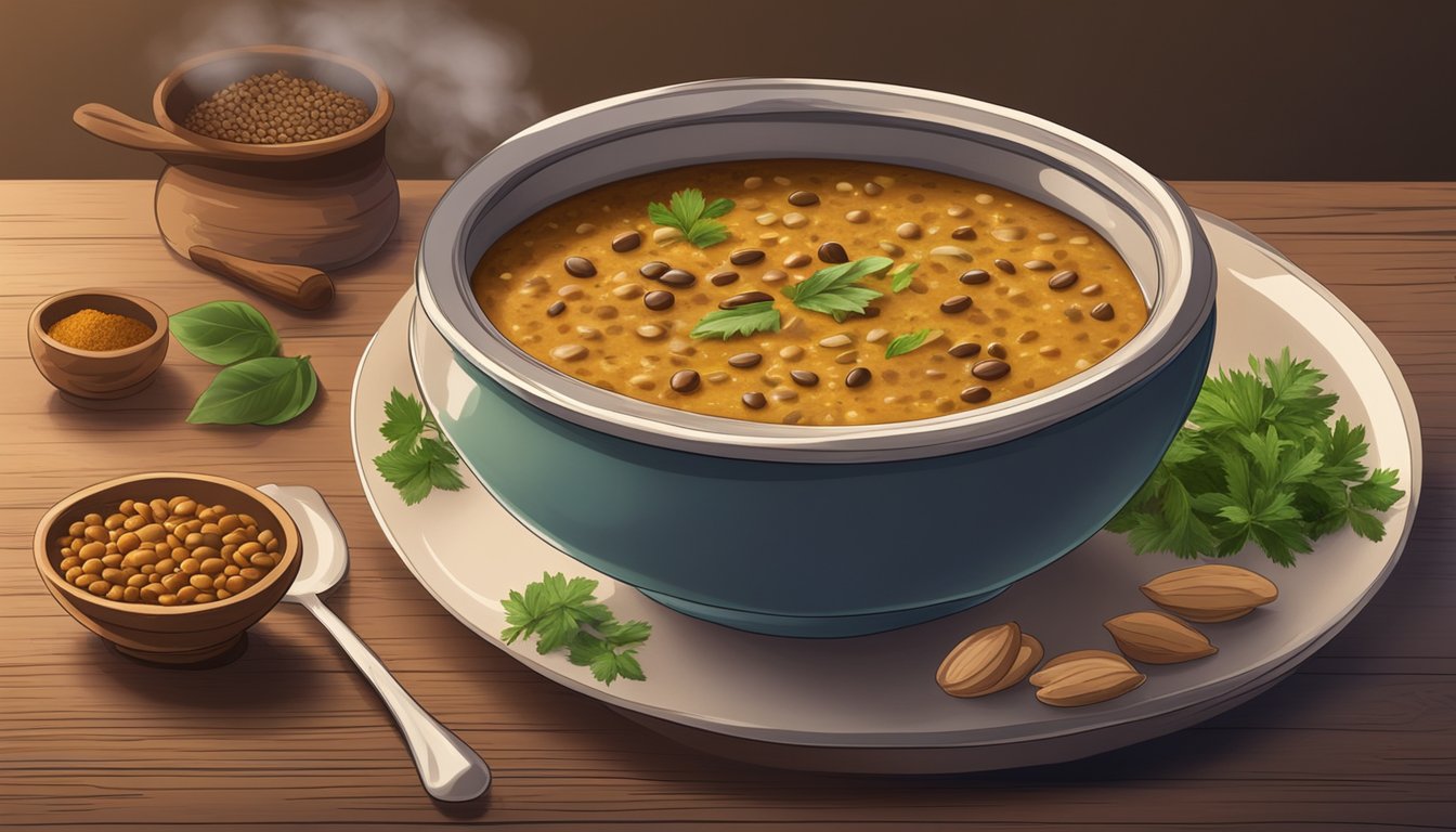 A steaming bowl of dal makhani sits on a rustic wooden table, surrounded by fragrant spices and fresh herbs. A microwave hums in the background