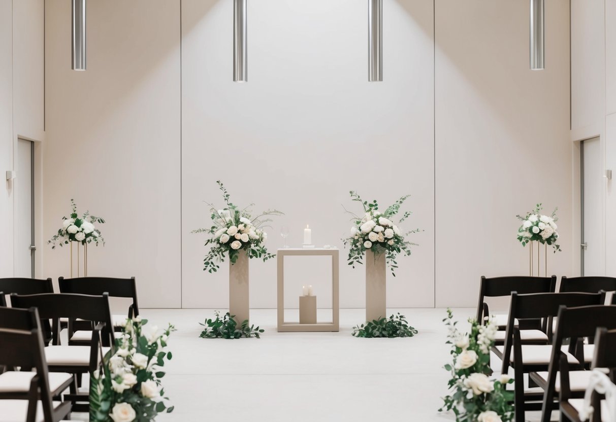 A simple, modern wedding ceremony with clean lines and neutral colors. A small, elegant altar with minimal decor and a serene, uncluttered setting
