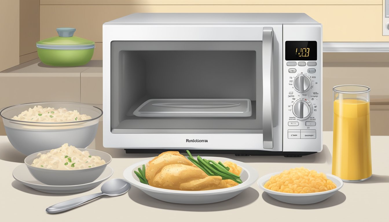 A microwave with a bowl of creamy garlic chicken covered with a vented lid, a spoon beside it, and a timer set for reheating