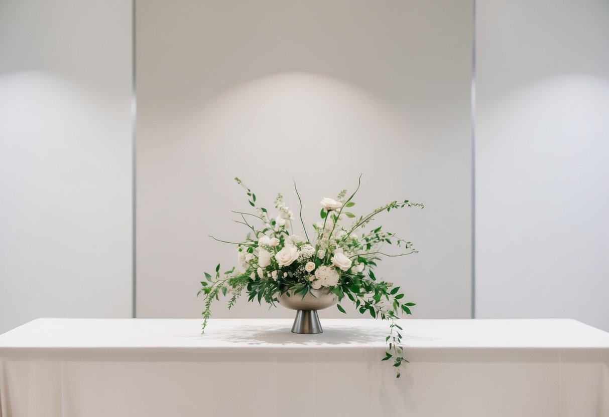 A simple, modern reception with clean lines, neutral colors, and sparse decor. A single, striking floral arrangement serves as the focal point