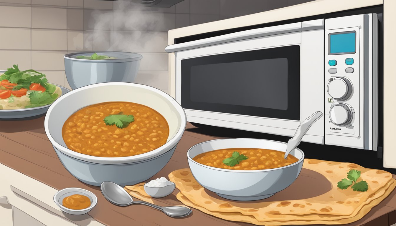 A bowl of daal makhani being reheated in a microwave with a side of naan and a small dish of raita