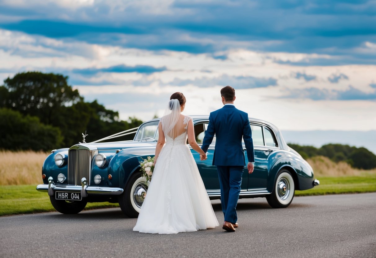 The bride and groom walk hand in hand towards a vintage car waiting to take them to their honeymoon destination