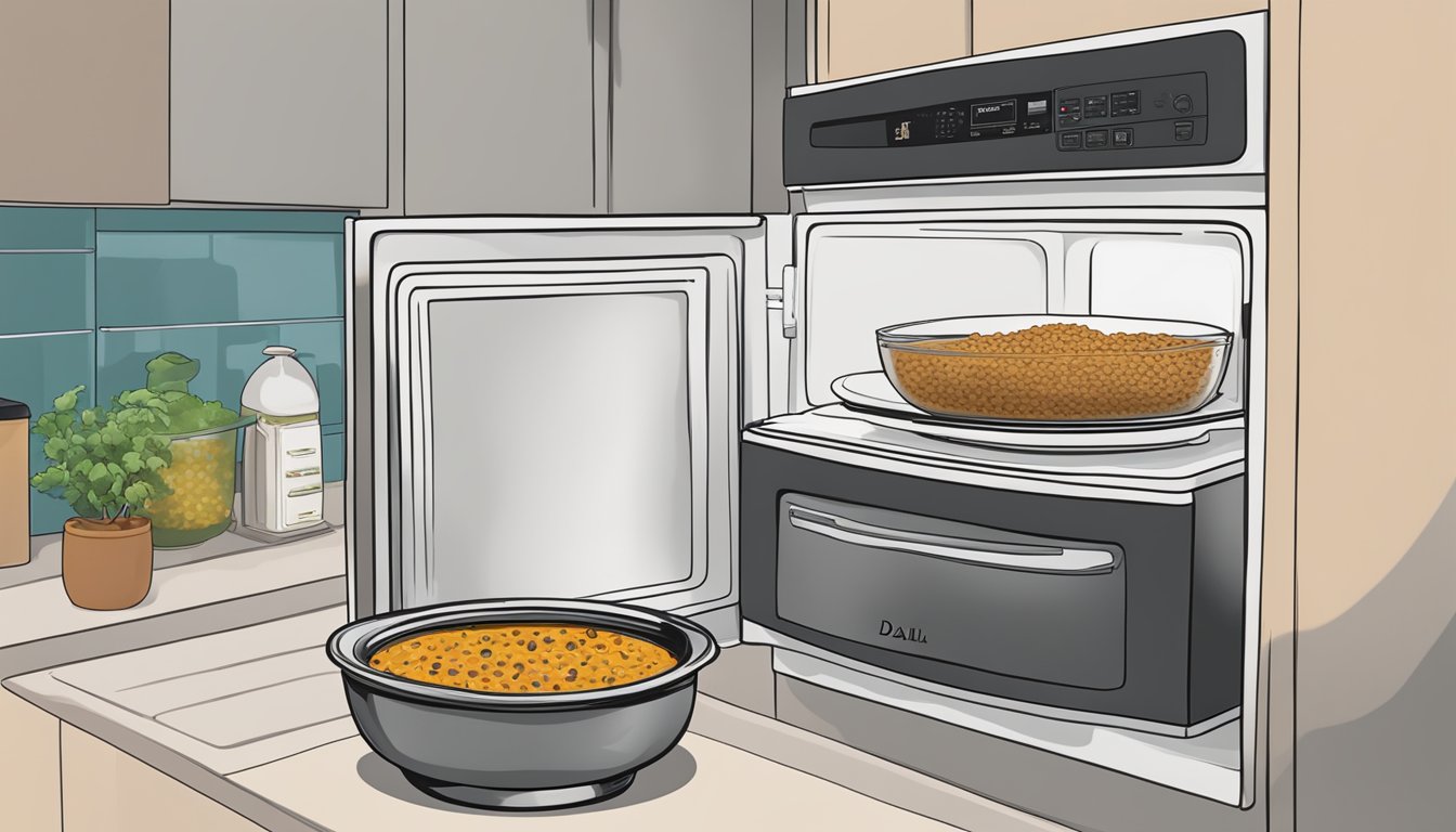 A bowl of leftover dal makhani sits in a refrigerator. A microwave and stovetop are nearby for reheating