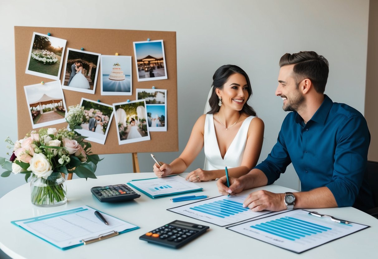 A couple sitting at a table with wedding planning materials, calculator, and budget spreadsheet. Flowers, cake, and venue photos pinned on a mood board