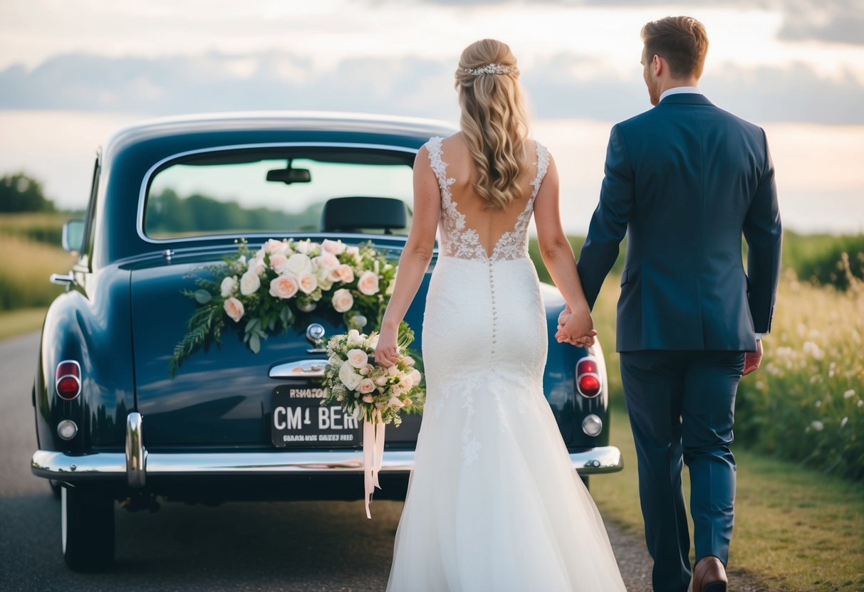 The bride and groom walk hand in hand towards a romantic getaway car, adorned with flowers and ribbons, ready to start their new life together