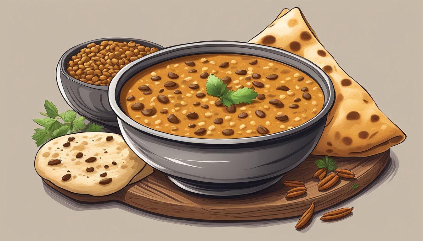 A steaming bowl of dal makhani sits on a rustic wooden table, surrounded by fragrant spices and a freshly baked naan