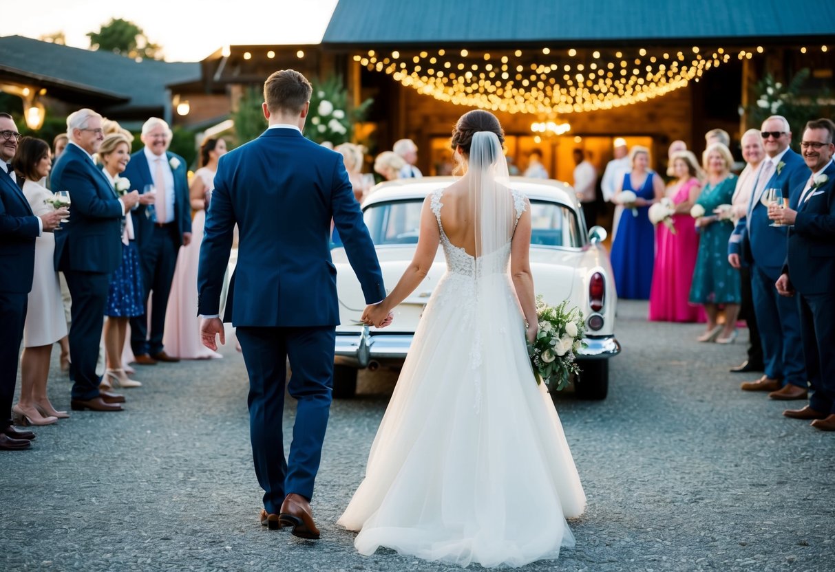 The bride and groom walk hand in hand towards a vintage car parked outside the reception venue, surrounded by twinkling lights and well-wishing guests