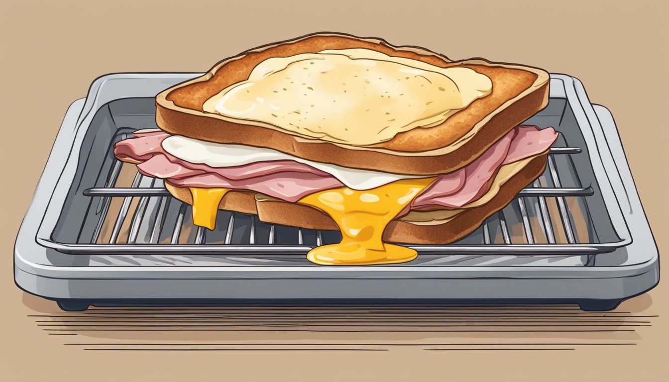 A croque madame is being reheated in the oven, with layers of ham, cheese, and bread stacked on a baking sheet