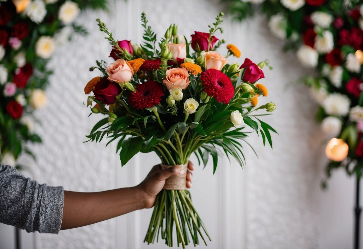 A bouquet of flowers is held out in front of a decorative backdrop