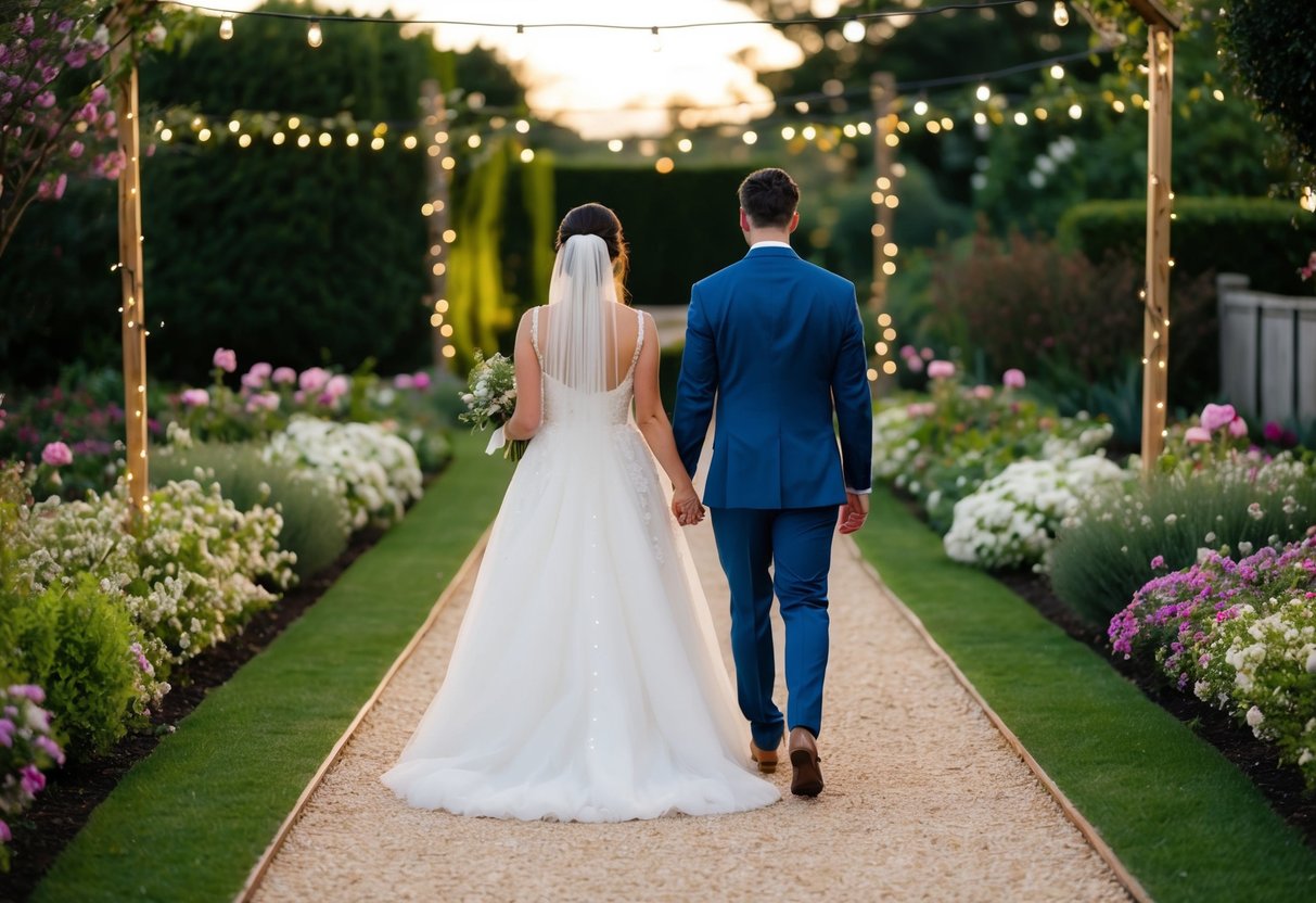 The bride and groom walk hand in hand through a garden path, surrounded by blooming flowers and twinkling lights, as they make their way to their honeymoon suite