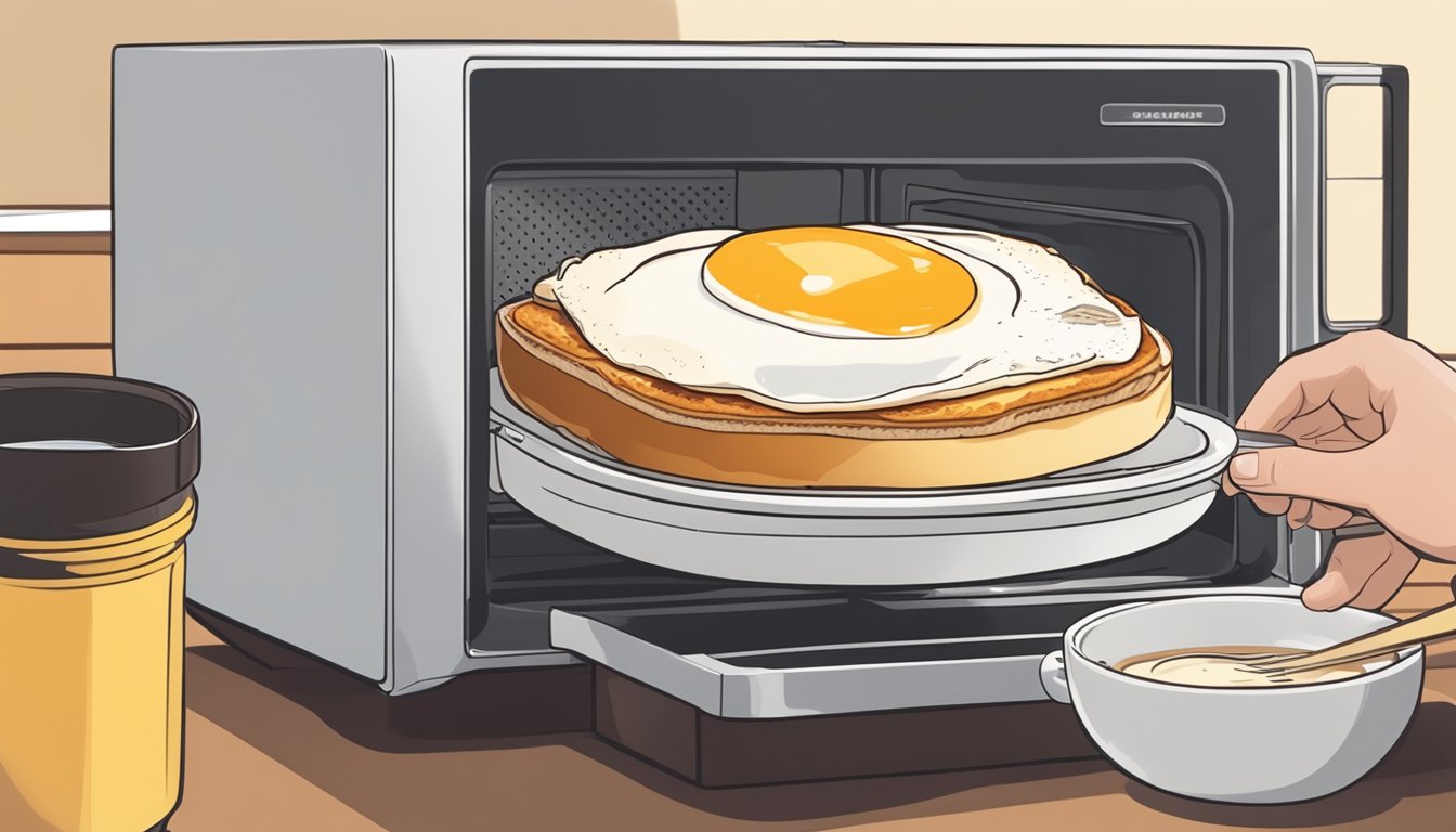 A plate with a freshly made croque madame being placed in a microwave next to a cup of coffee