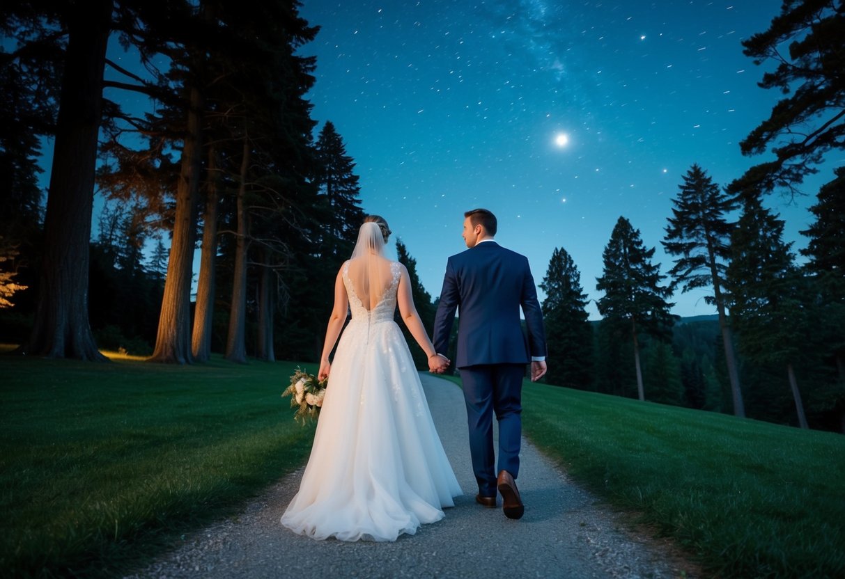 The bride and groom walk hand in hand down a moonlit path, surrounded by towering trees and a sky full of stars