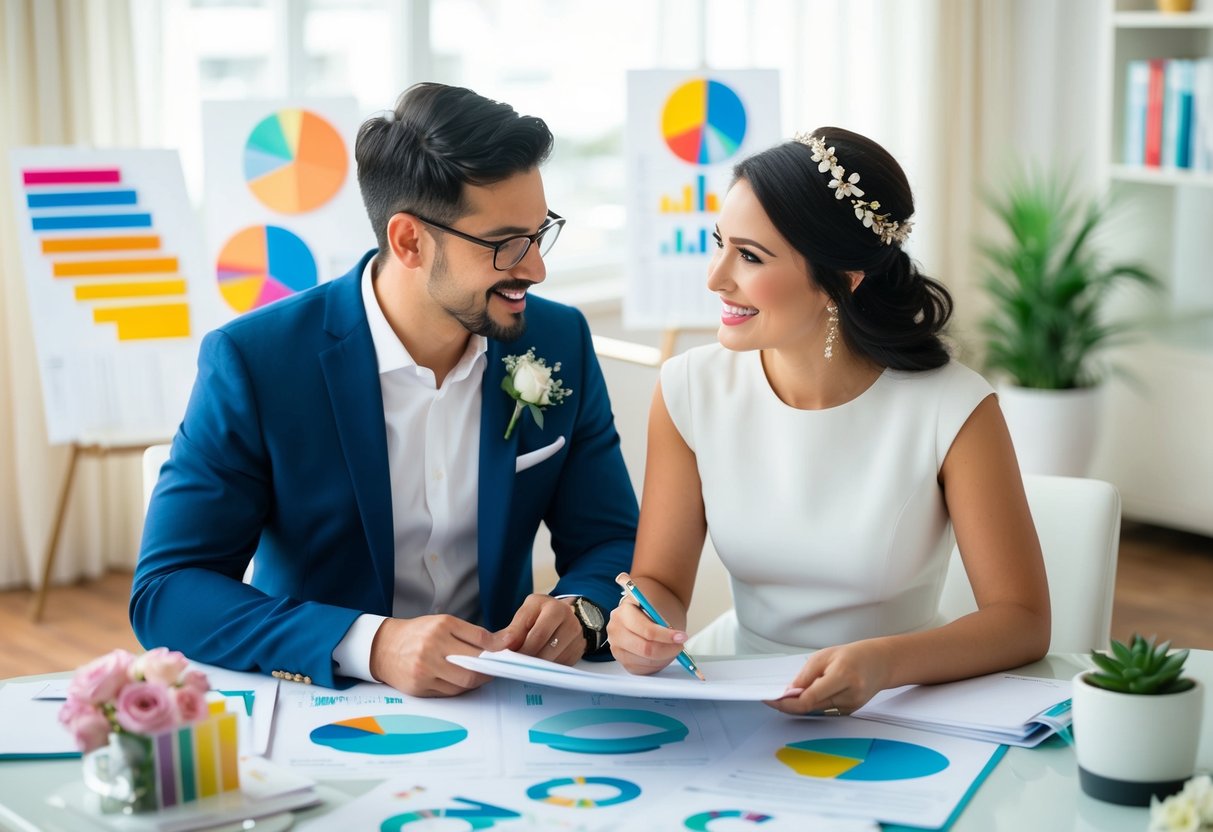 A couple sitting at a table with wedding planning materials, surrounded by colorful charts and graphs, brainstorming creative ways to maximize their budget for a 15k wedding