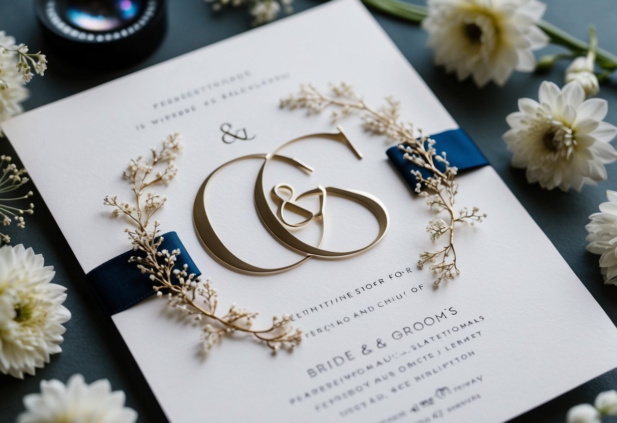 A bride and groom's initials elegantly intertwined on a wedding invitation, surrounded by delicate floral designs and intricate details