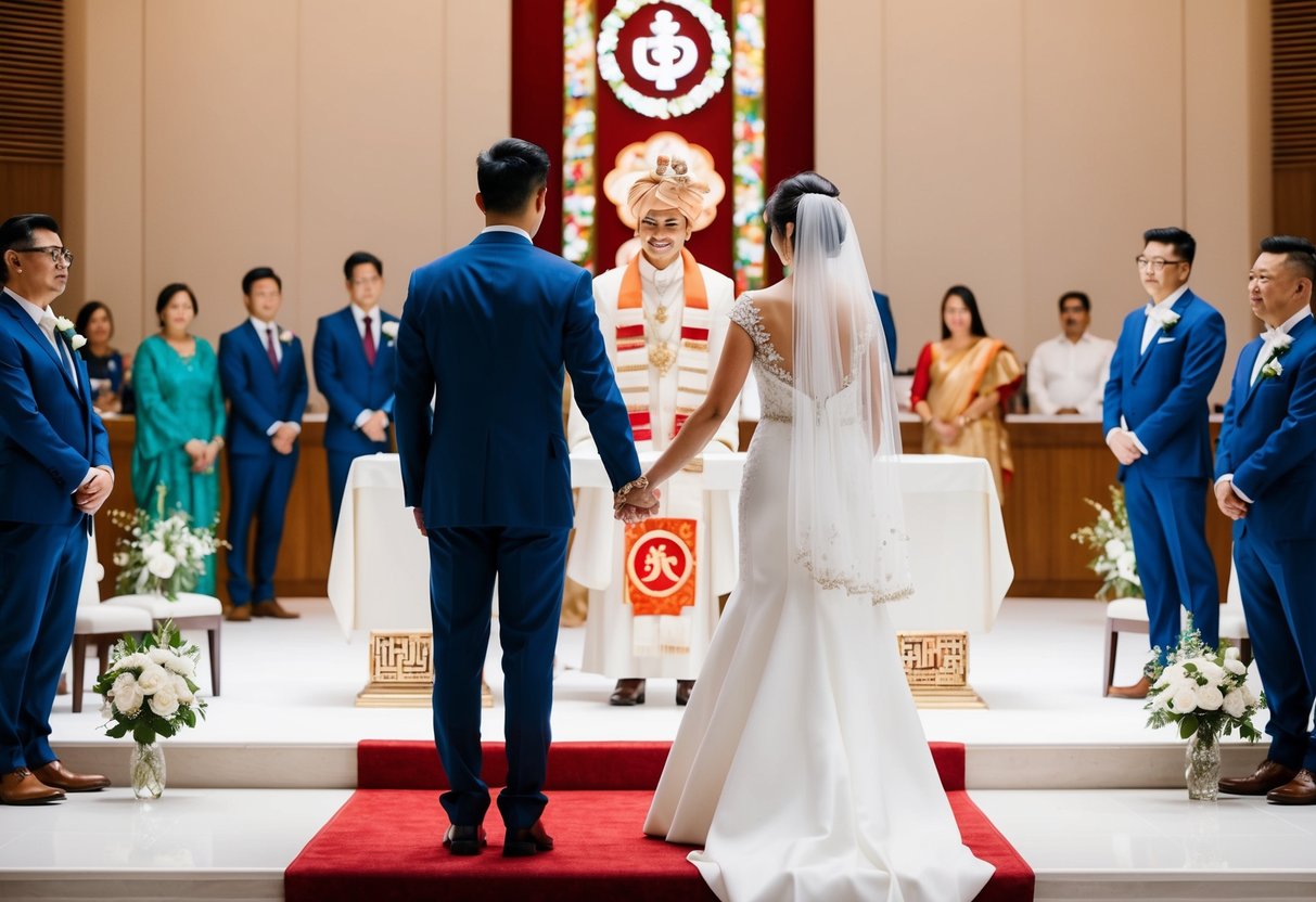 A bride and groom stand at the altar, surrounded by their respective cultural symbols and modern elements, representing the debate of who goes first in a wedding
