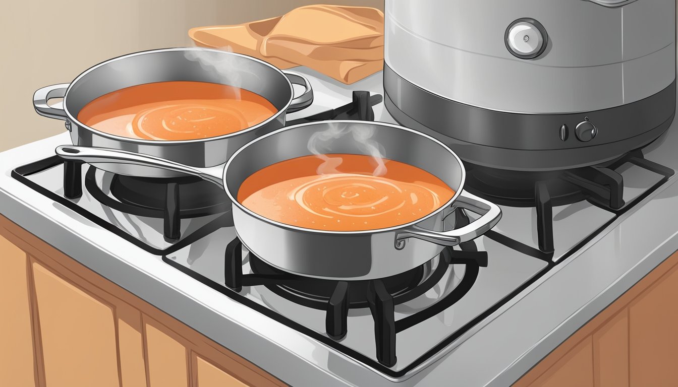 A pot of creamy tomato soup being gently reheated on a stovetop, with steam rising and a ladle resting on the side