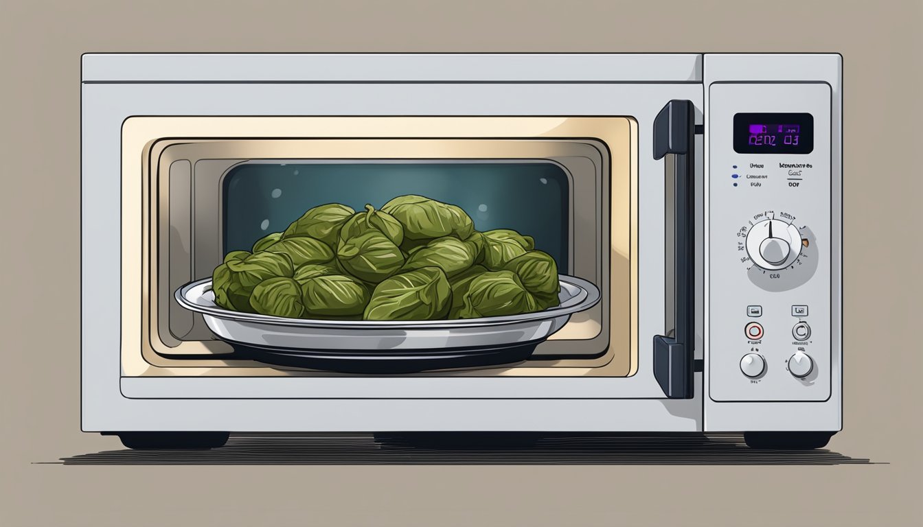 A plate of dolma sits in a microwave. Steam rises as the microwave timer counts down