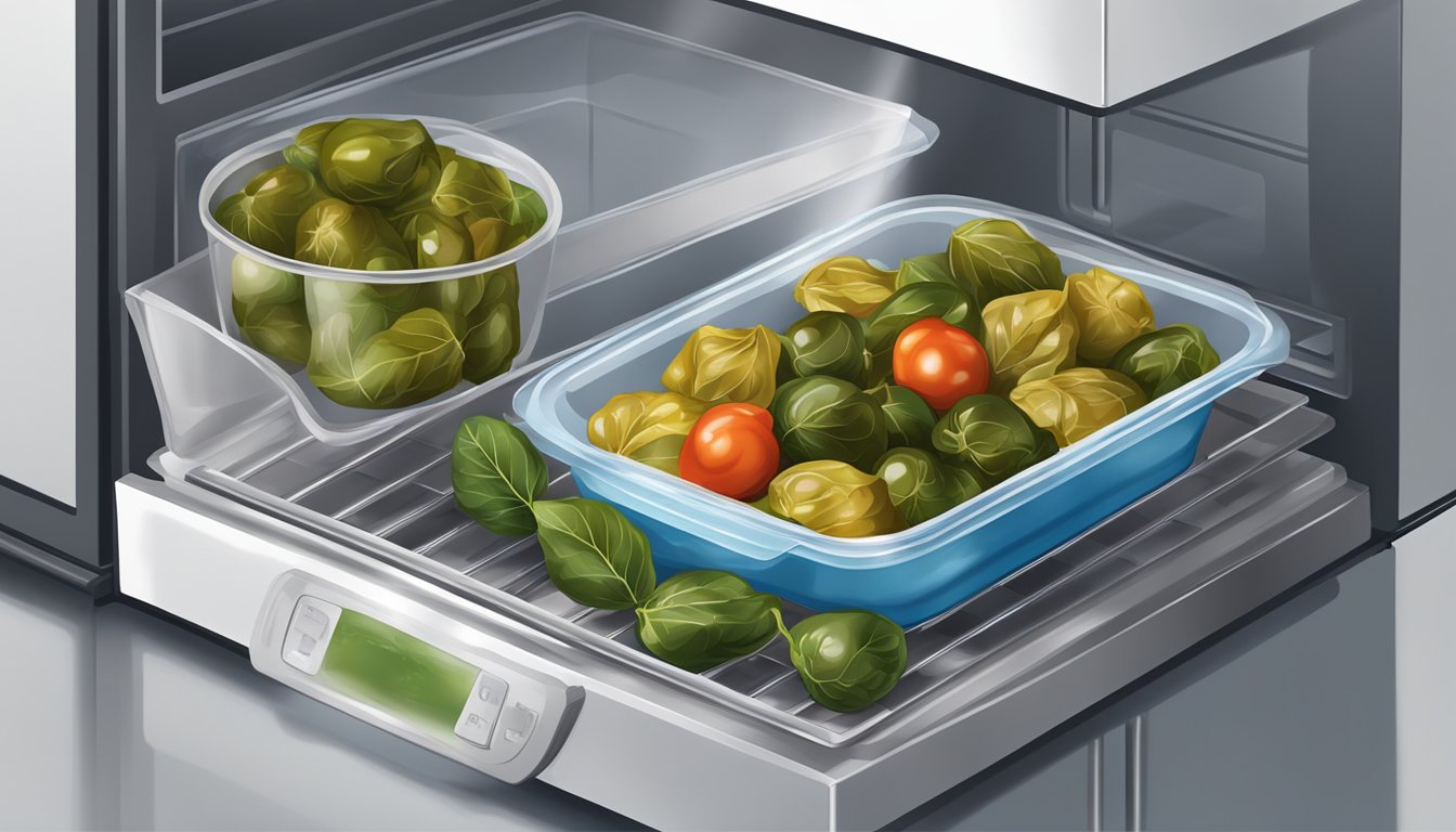 A plate of dolma being stored in an airtight container in the refrigerator, and then being reheated in a microwave or on a stovetop