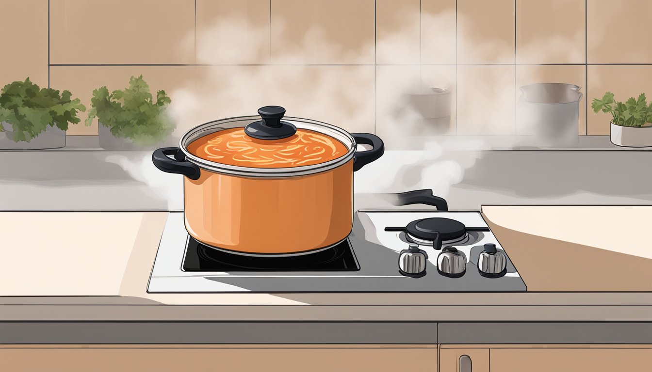 A pot of creamy tomato soup being gently reheated on a stovetop, steam rising from the surface as it simmers