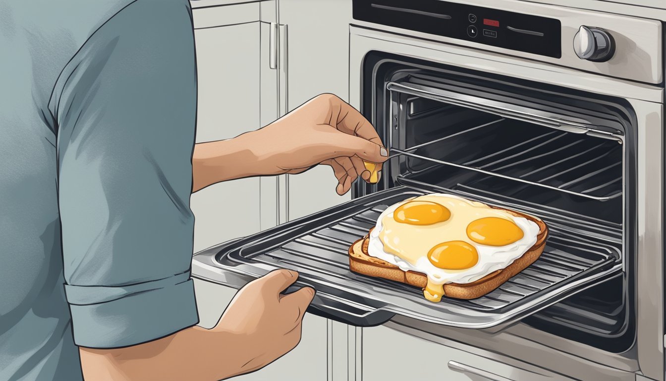 A person placing a croque madame on a baking sheet in an oven