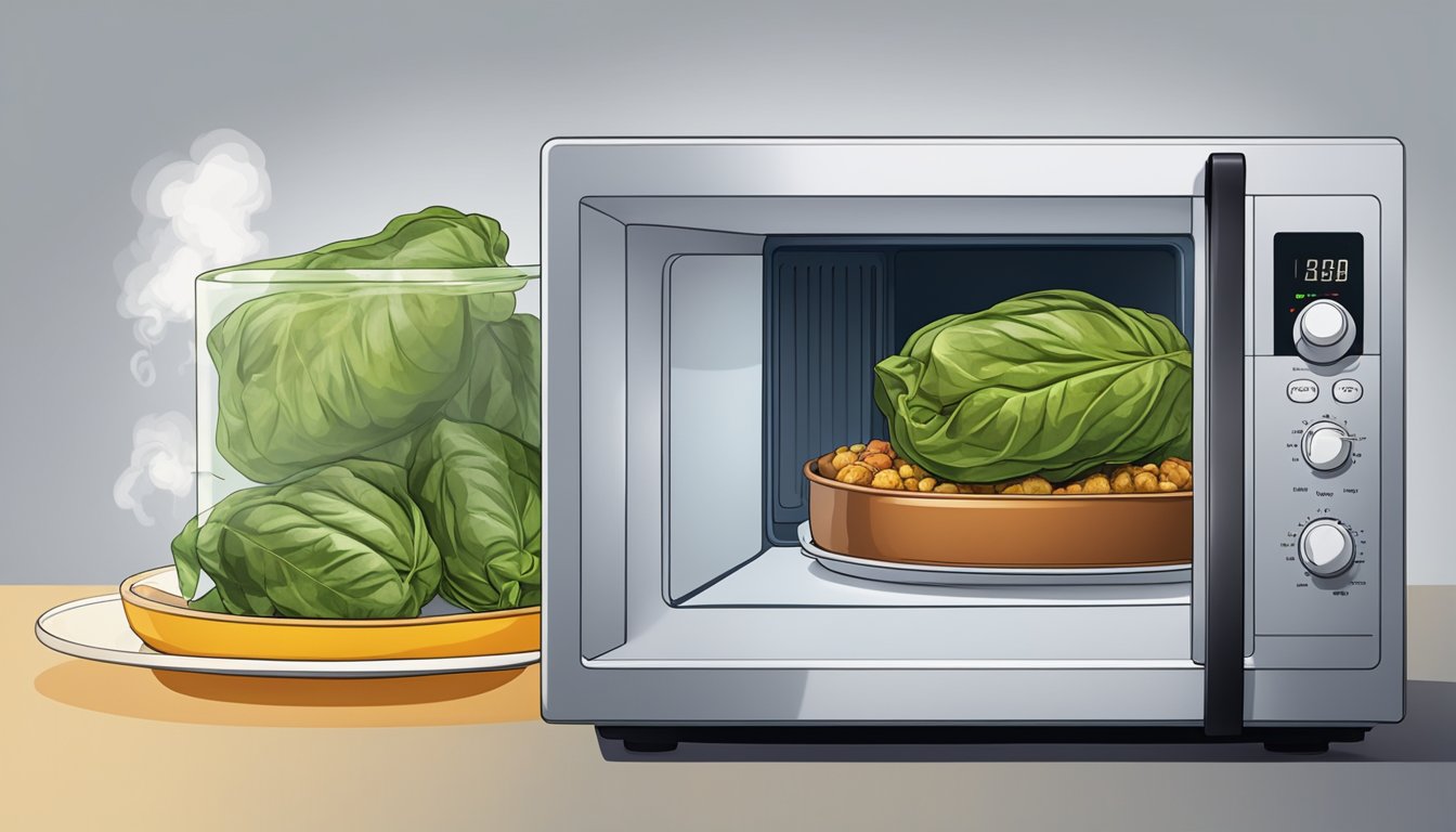 A plate of dolma sits in the center of a microwave, surrounded by steam as it reheats